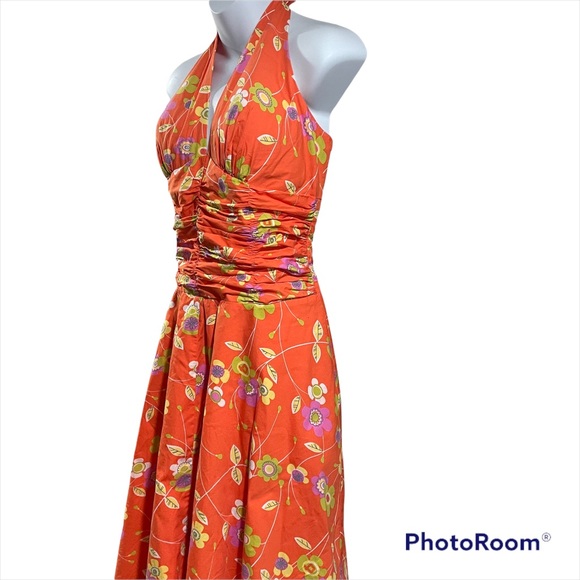 Philip DiCaprio Orange Floral Halter Swing Dress 12 - Picture 3 of 9